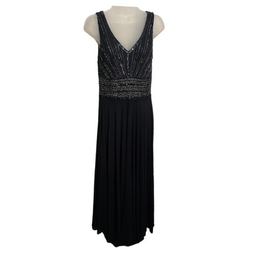 JKara Navy Blue Sleeveless Beaded Chiffon V-Neck Gown